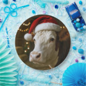 Christmas Hereford Cow Wearing a Santa Hat ペーパープレート (パーティー)