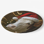 Christmas Hereford Cow Wearing a Santa Hat ペーパープレート (アングル)