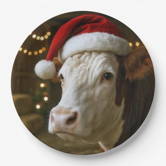 Christmas Hereford Cow Wearing a Santa Hat ペーパープレート (正面)