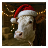 Christmas Hereford Cow Wearing a Santa Hat ポスター (正面)