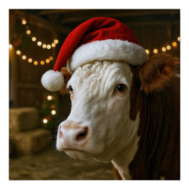 Christmas Hereford Cow Wearing a Santa Hat ポスター