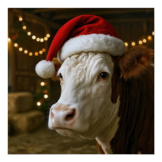 Christmas Hereford Cow Wearing a Santa Hat ポスター (正面)
