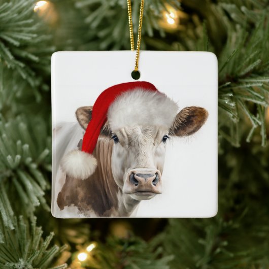 Christmas Hereford Cow With Santa Hat セラミックオーナメント (ツリー)