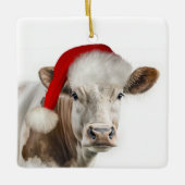 Christmas Hereford Cow With Santa Hat セラミックオーナメント (正面)