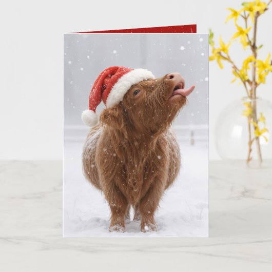 Christmas Highland Cow Catching Snowflakes カード (黄色い花)