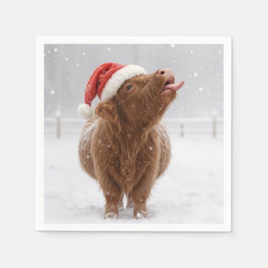 Christmas Highland Cow Catching Snowflakes スタンダードカクテルナプキン (正面)