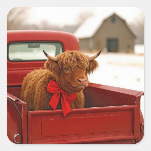 Christmas Highland Cow In Old Red Truck スクエアシール (正面)