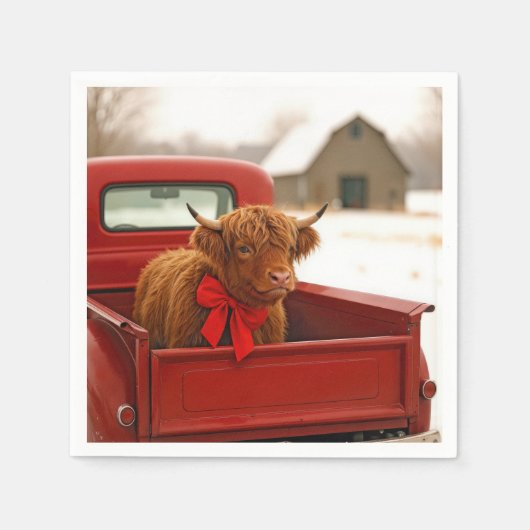 Christmas Highland Cow In Old Red Truck スタンダードカクテルナプキン (正面)
