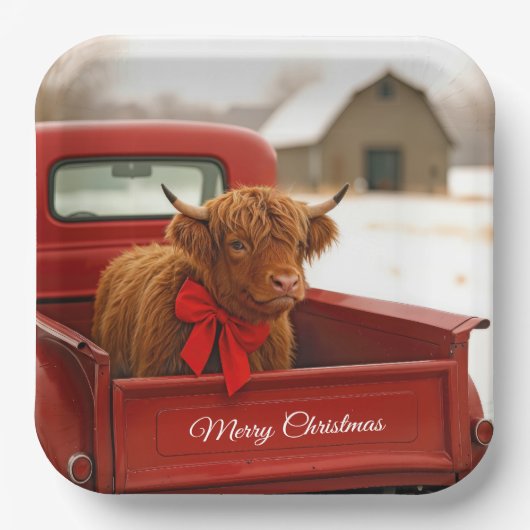 Christmas Highland Cow In Old Red Truck ペーパープレート (正面)