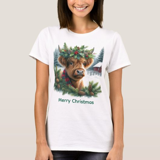 Christmas Highland Cow with Pine  Tシャツ (正面)
