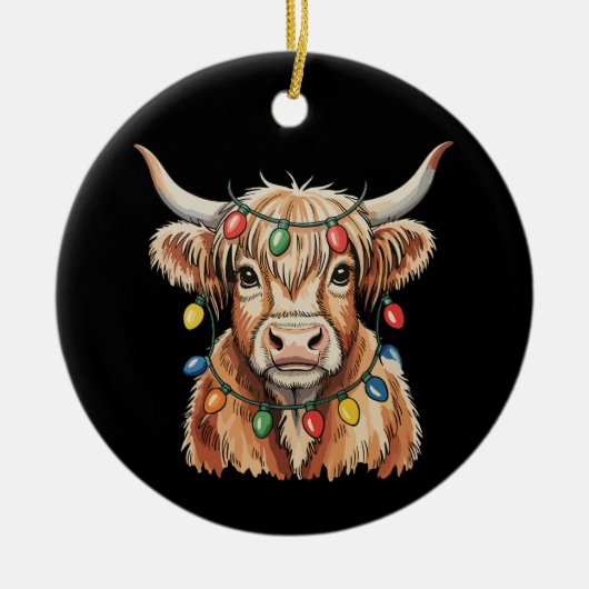 Christmas Highland Cow Xmas Lights Farm Holiday セラミックオーナメント (正面)
