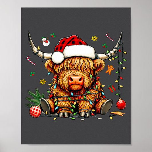 Christmas Highland Cow Xmas Santa Hat Wooly Farm A ポスター (正面)