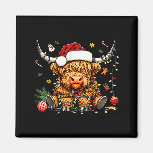 Christmas Highland Cow Xmas Santa Hat Wooly Farm A マグネット (正面)