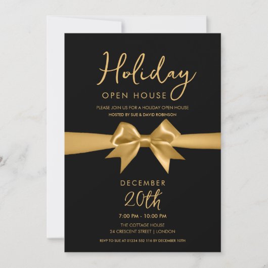 Christmas Holiday Open House Gold Bow Black 招待状 (正面)
