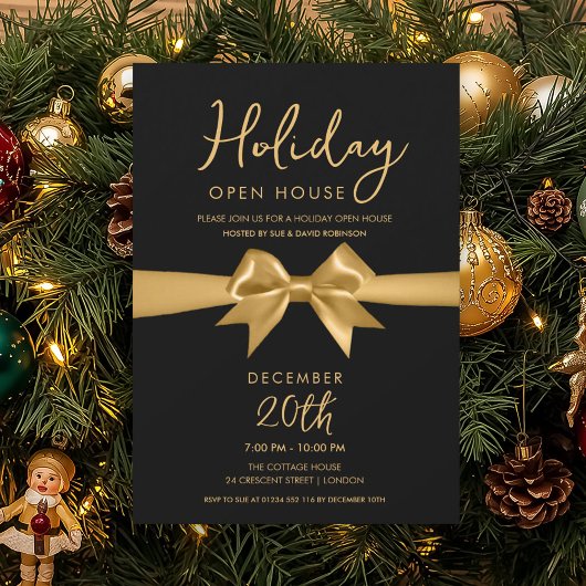 Christmas Holiday Open House Gold Bow Black 招待状