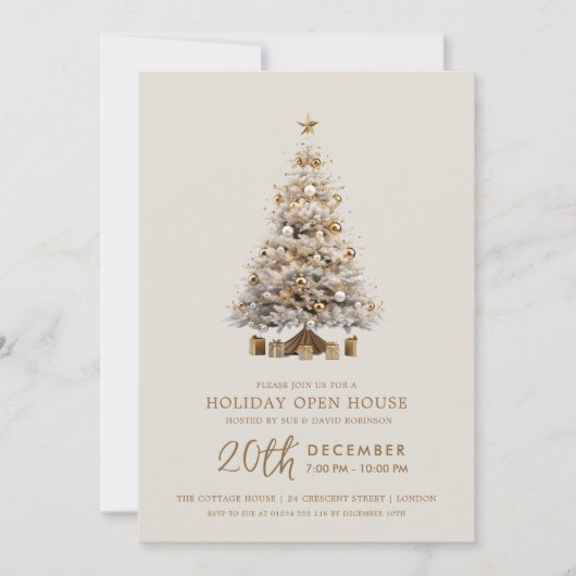 Christmas Holiday Open House Gold Xmas Tree  招待状 (正面)