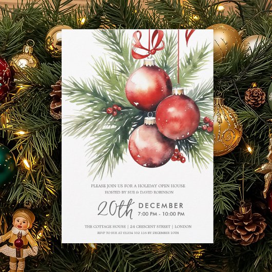 Christmas Holiday Open House Hand Painted Baubles  招待状