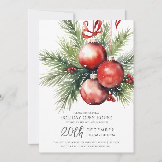 Christmas Holiday Open House Painted Baubles  招待状 (正面)