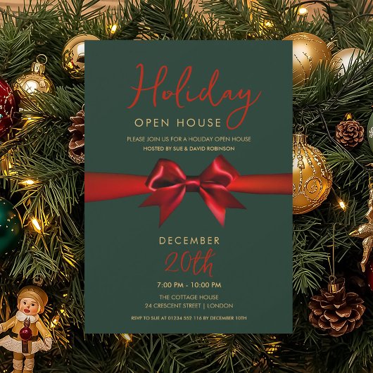 Christmas Holiday Open House Red Bow Green  招待状