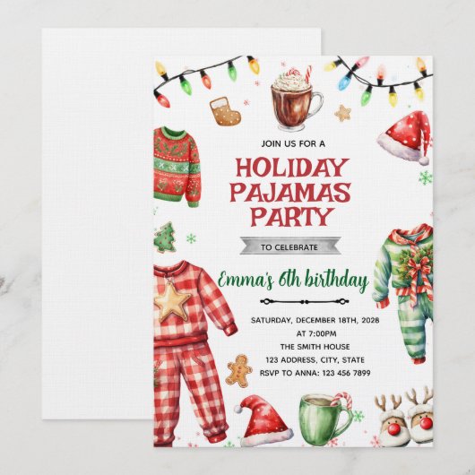 Christmas Holiday Pajama Party Invitation 招待状 (正面/裏面)