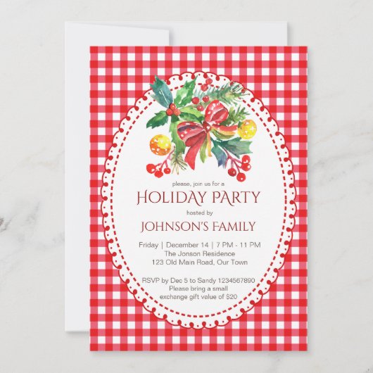Christmas holiday party red gingham pines 招待状 (正面)