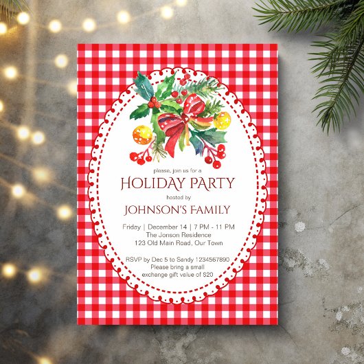 Christmas holiday party red gingham pines 招待状