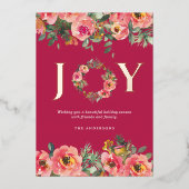 Christmas Holiday Pink Joy Wreath Botanical  箔招待状 (正面)