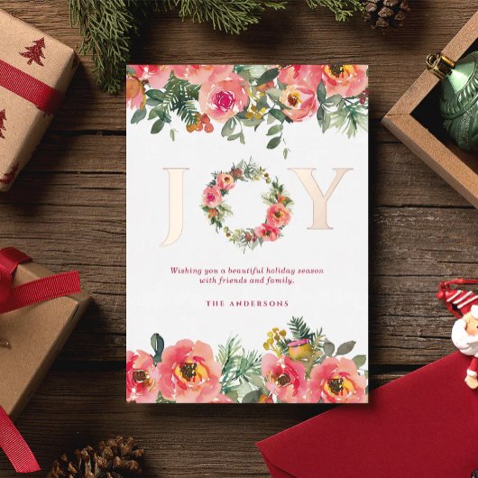 Christmas Holiday Pink Joy Wreath Botanical  箔招待状