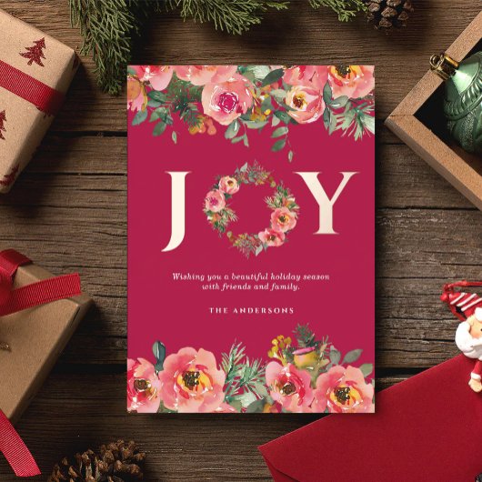 Christmas Holiday Pink Joy Wreath Botanical  箔招待状