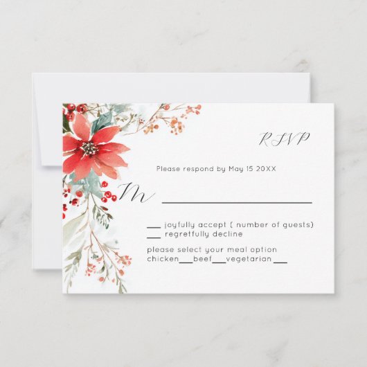 Christmas Holiday Poinsettia floral Wedding RSVP (正面)