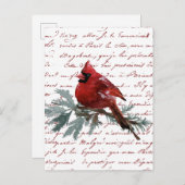 Christmas Holiday Red Cardinal Bird French Script ポストカード (正面/裏面)