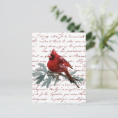 Christmas Holiday Red Cardinal Bird French Script ポストカード (スタンド正面)