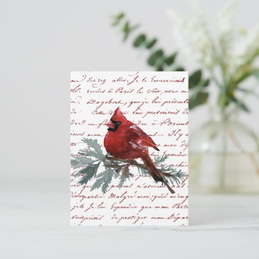 Christmas Holiday Red Cardinal Bird French Script ポストカード (スタンド正面)