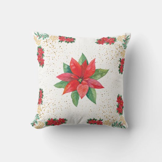 Christmas Holiday Red Poinsettia and Gold クッション (正面)