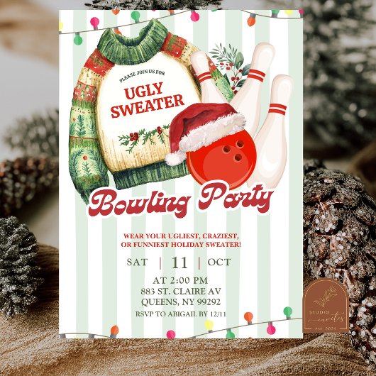 Christmas Holiday Ugly Sweater Bowling Party 招待状