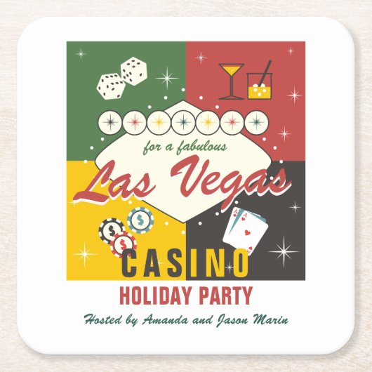 Christmas Holiday Vegas Casino Poker Night Party スクエアペーパーコースター (正面)