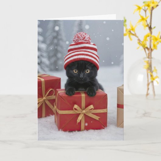 Christmas Holidays Cute and Funny Kitten カード (黄色い花)