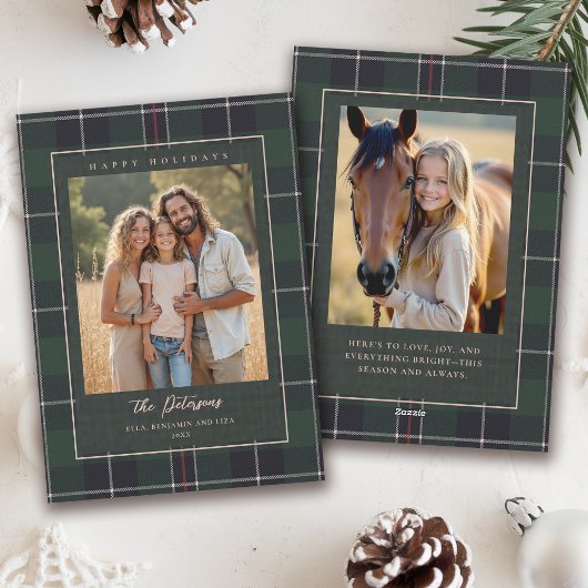 Christmas Holidays Green Plaid Tartan 2-Photo Card シーズンカード