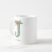 Christmas Holly & Bells Letter J Personalized Name コーヒーマグカップ (正面左)