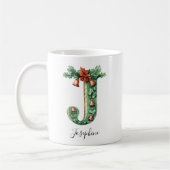 Christmas Holly & Bells Letter J Personalized Name コーヒーマグカップ (左)