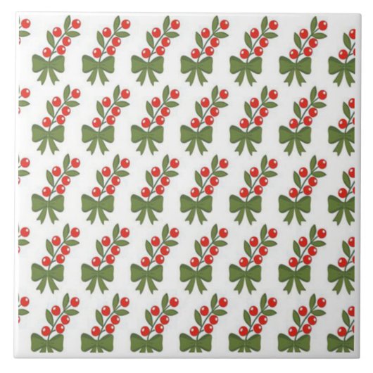 Christmas Holly Berries & Green Bow Pattern タイル (正面)