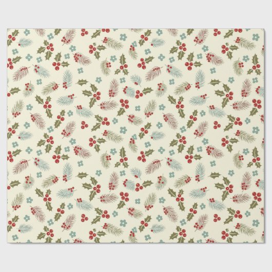 Christmas Holly Berries & Pine Seamless Pattern ラッピングペーパー (フラット)