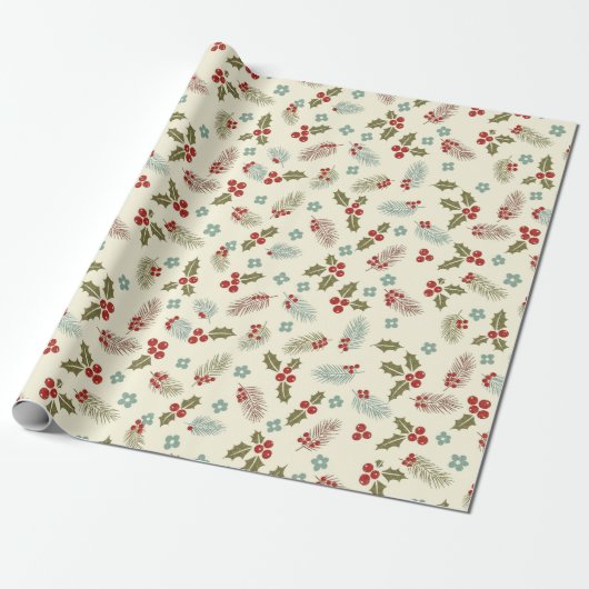 Christmas Holly Berries & Pine Seamless Pattern ラッピングペーパー (アンロールド)