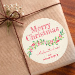 Christmas Holly Berry Homemade Food Holiday Baking ラウンドシール<br><div class="desc">Create stickers to label your Christmas holiday homemade goods,  cookies,  candy,  treats,  party favors and more featuring a stylish,  modern watercolor of green holly and red berries on a pale ivory stripe background and your message in chic lettering.</div>