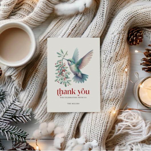 Christmas Holly Hummingbird Thank You Typography サンキューカード