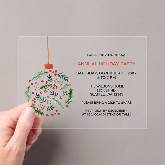 Christmas Holly Ornament Holiday Party アクリル招待状 (インサイチュ (ポータブル))