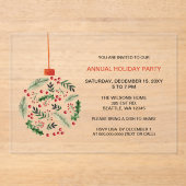 Christmas Holly Ornament Holiday Party アクリル招待状 (正面)