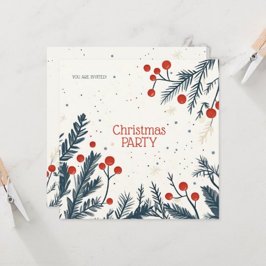 Christmas Holly Party Lunch and Gift Exchange カード (正面/裏面インサイチュ)