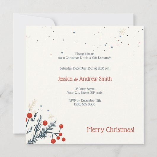 Christmas Holly Party Lunch and Gift Exchange カード (裏面)