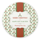Christmas Holly Pattern Green Holly Red Berries セラミックノブ (正面)